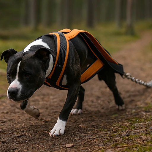 Hund med dragsele drar kätting i skogen under fysträning med Svenska Barr-utrustning.