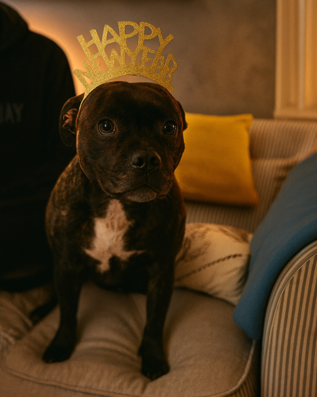 Hund med nyårskrona sitter i soffan i hemmiljö inför nyårsfirande